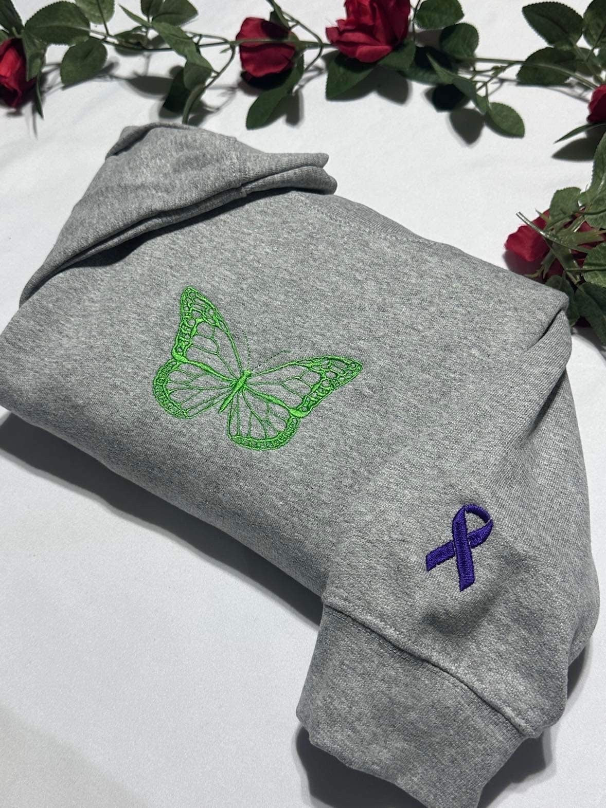 Butterfly with a ribbon on the sleeve embroidered sweatshirt; Breast Cancer awareness embroidered crewneck